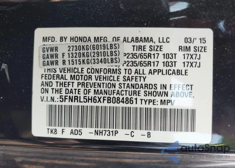 2015 Honda Odyssey Ex-L z USA, uszkodzony, nr VIN 5FNRL5H6XFB084861